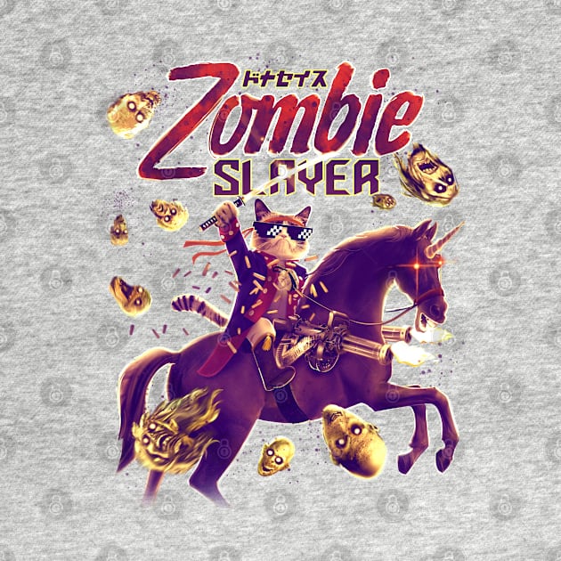 Zombie Slayer Cat Riding a Unicorn Horse with Machine Guns T-Shirt by Silo Co.